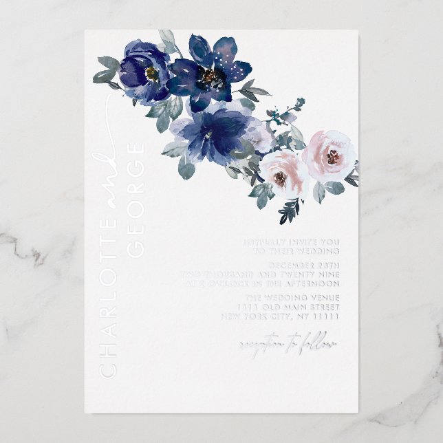 Blue Floral Winter Silver Botanical Rustic Wedding (Front)
