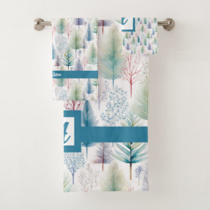 Blue Floral Winter Tree Forest Bath Towel Set