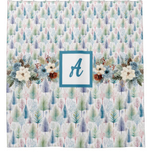 Blue Floral Winter Tree Forest Shower Curtain
