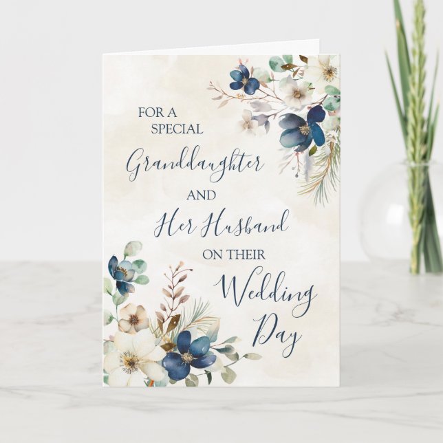 Blue Floral Winter Wedding Day Granddaughter Thank You Card (Front)
