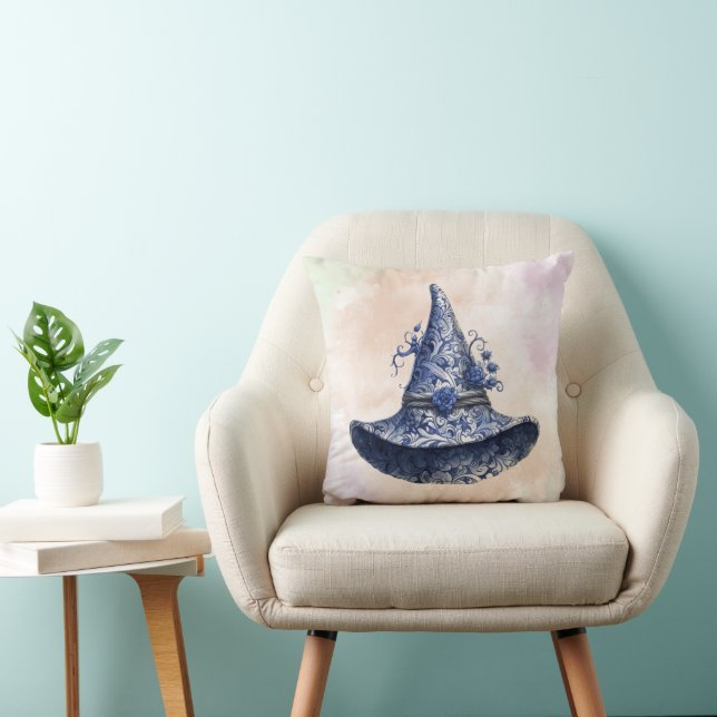 Blue Floral Witches Hat & Pastel Clouds Halloween Cushion (Chair)