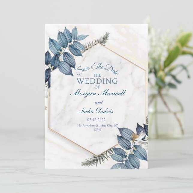 blue floral with marble wedding announcement (Standing Front)