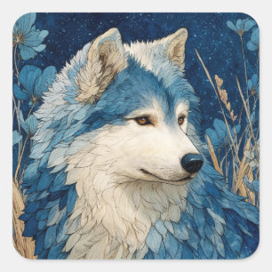 Blue Floral Wolf Profile with Golden Wheat Stars Square Sticker