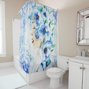 Blue Floral Woman Fantasy Shower Curtain