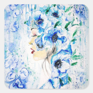 Blue Floral Woman Sticker Fantasy Painting