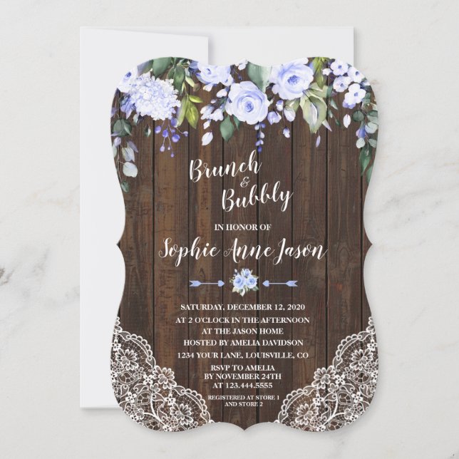 Blue Floral Wood Brunch and Bubbly Bridal Shower Invitation (Front)