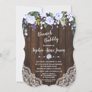 Blue Floral Wood Brunch and Bubbly Bridal Shower Invitation