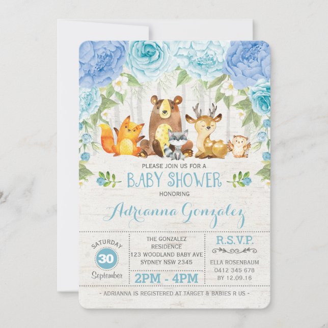 Blue Floral Woodland Animals Boy Baby Shower Invitation (Front)