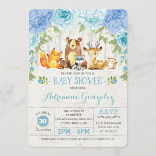Blue Floral Woodland Animals Boy Baby Shower Invitation