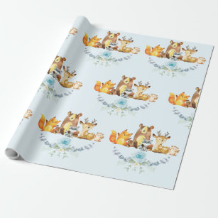 Blue Floral Woodland Baby Boy Shower 1st Birthday Wrapping Paper