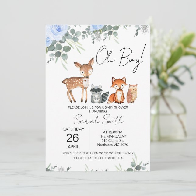 Blue Floral Woodland Baby Shower Invitation (Standing Front)