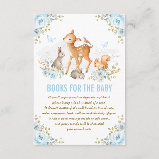 Blue Floral Woodland Deer Bunny Books for Baby Enclosure Card (Front)