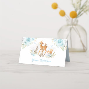 Blue Floral Woodland Forest Animals Shower Place Card