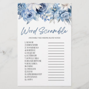 Blue Floral Word Scramble Bridal Shower Game Stationery