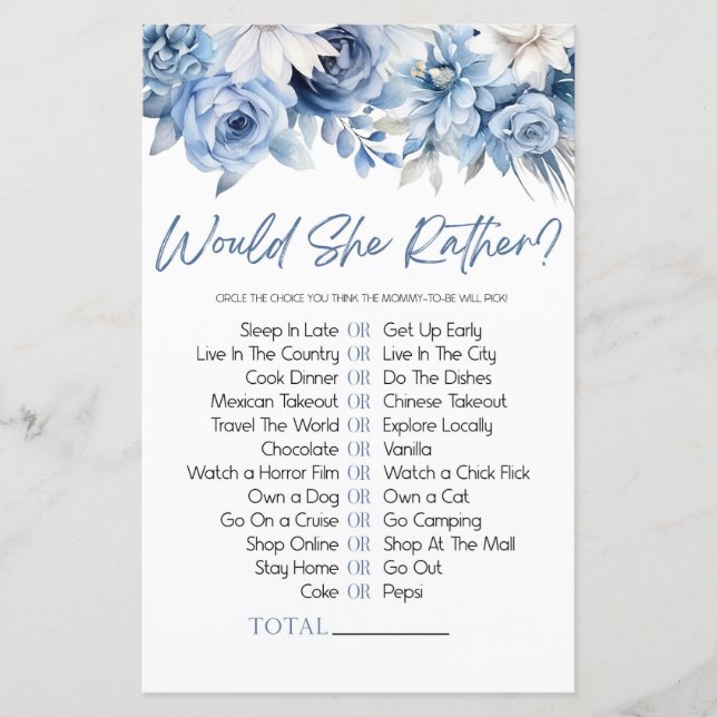 Blue Floral Would She Rather Baby Shower Game (Front)