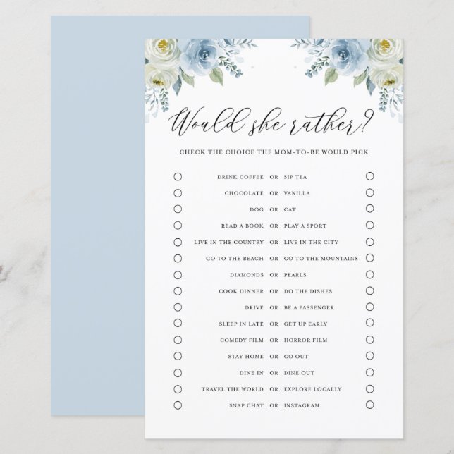 Blue Floral Would She Rather Baby Shower Game Card (Front/Back)