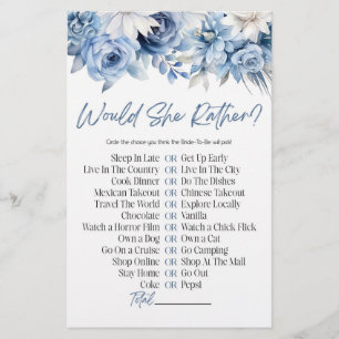 Blue Floral Would She Rather? Bridal Shower Game Stationery