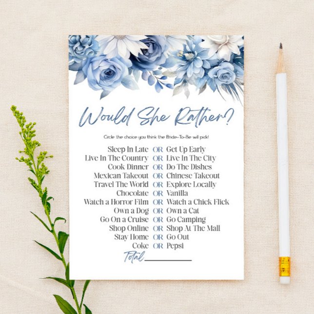 Blue Floral Would She Rather? Bridal Shower Game Stationery (Creator Uploaded)