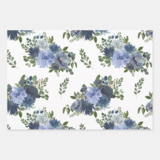 Blue Floral Wrapping Paper Sheet Set of 3