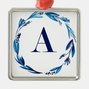 Blue Floral Wreath 'A' Metal Tree Decoration