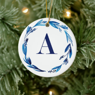 Blue Floral Wreath 'A' Personalised Ceramic Tree Decoration
