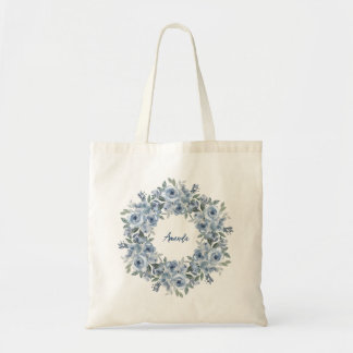 Blue Floral Wreath and Bow Personalized  Tote Bag