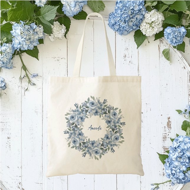 Blue Floral Wreath and Bow Personalized  Tote Bag (Blue floral wreath tote bag)