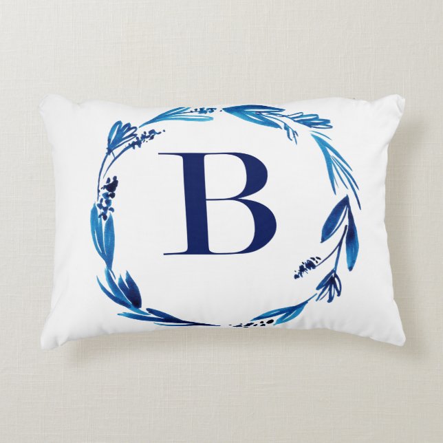 Blue Floral Wreath 'B' Decorative Cushion (Front)