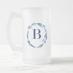 Blue Floral Wreath 'B' Frosted Glass Beer Mug