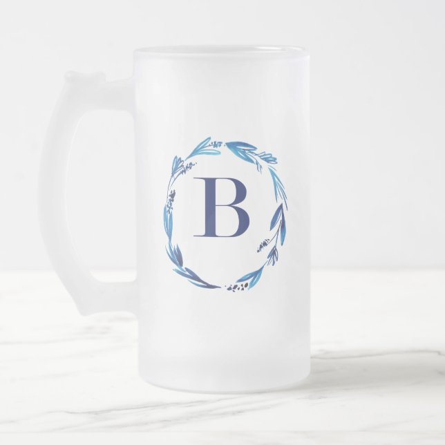 Blue Floral Wreath 'B' Frosted Glass Beer Mug (Left)