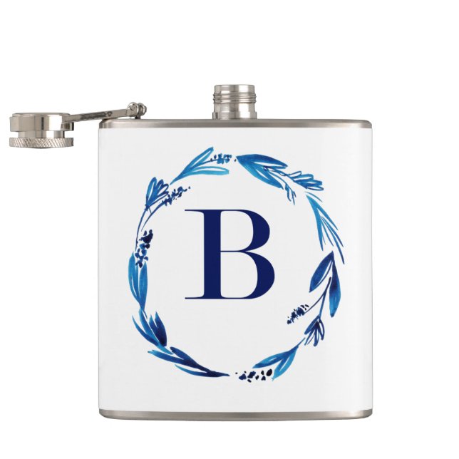 Blue Floral Wreath 'B' Hip Flask (Opened)