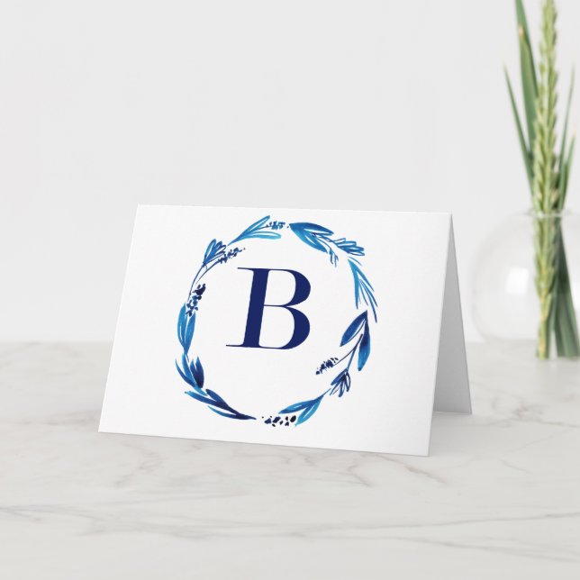 Blue Floral Wreath 'B' Holiday Card (Front)