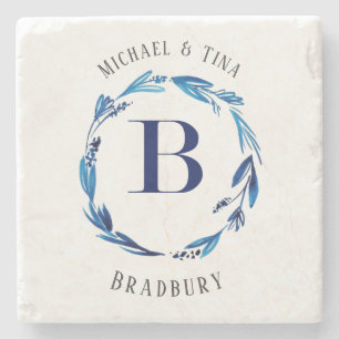 Blue Floral Wreath 'B' Monogram Stone Coaster