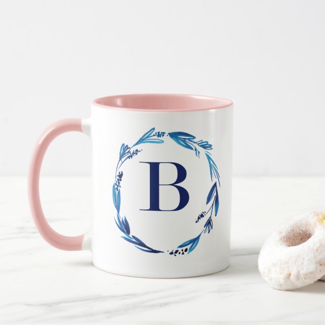 Blue Floral Wreath 'B' Mug (With Donut)