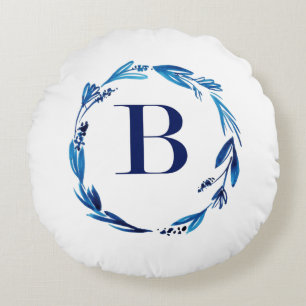 Blue Floral Wreath 'B' Round Cushion