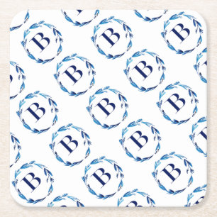Blue Floral Wreath 'B' Square Paper Coaster