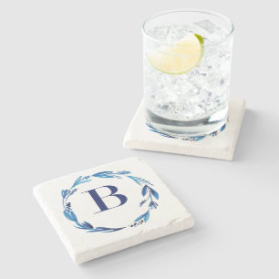 Blue Floral Wreath 'B' Stone Coaster