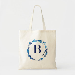 Blue Floral Wreath 'B' Tote Bag