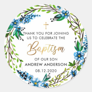 Blue Floral Wreath Baptism Thank You Classic Round Sticker