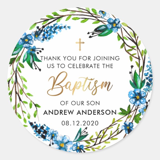 Blue Floral Wreath Baptism Thank You Classic Round Sticker (Front)