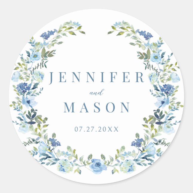 Blue floral wreath bohemian rustic wedding classic round sticker (Front)
