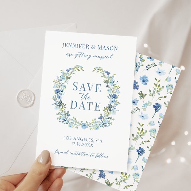 Blue floral wreath bohemian Save the Date Invitation (Creator Uploaded)