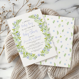 Blue floral wreath boho baby boy shower invitation