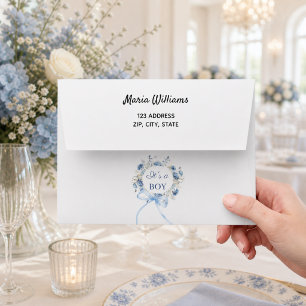 Blue floral wreath boy baby shower return address envelope