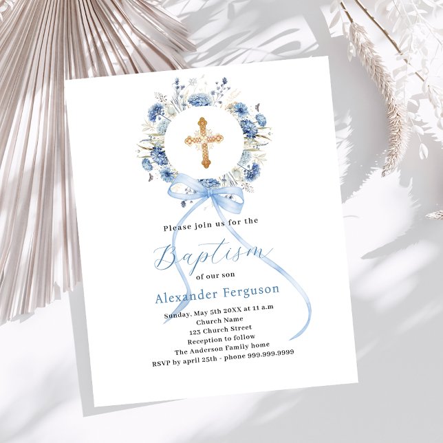 Blue floral wreath boy bow baptism invitation (Creator Uploaded)
