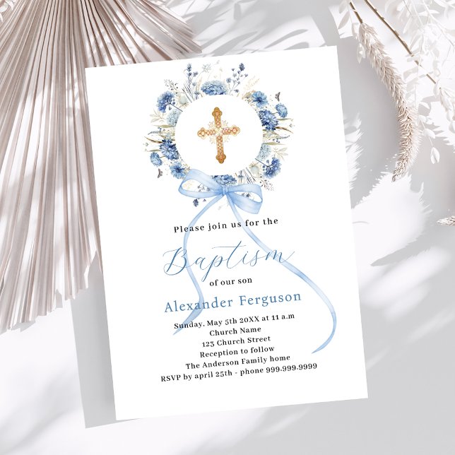 Blue floral wreath boy bow cross baptism invitation (Creator Uploaded)