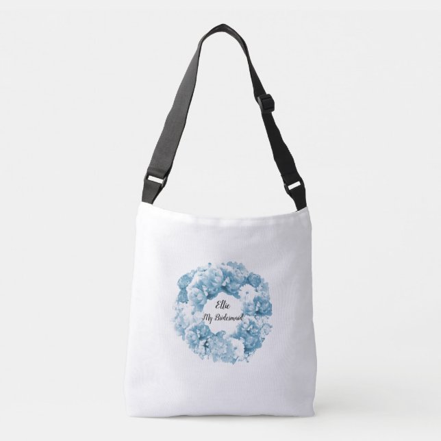 Blue Floral Wreath Bridesmaid Tote Bag (Front)