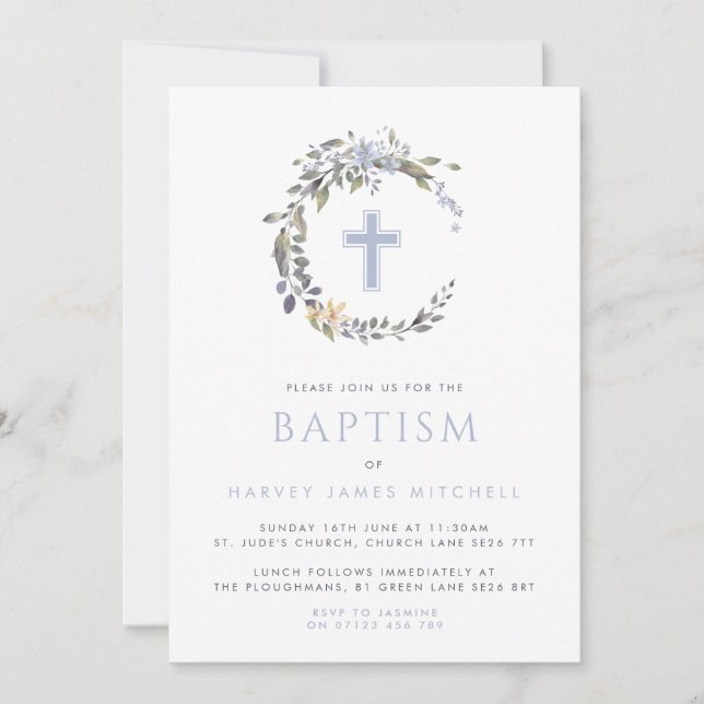 Blue Floral Wreath & Cross Baby Baptism Invitation (Front)