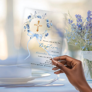 Blue floral wreath cross bow boy baptism clear acrylic invitations