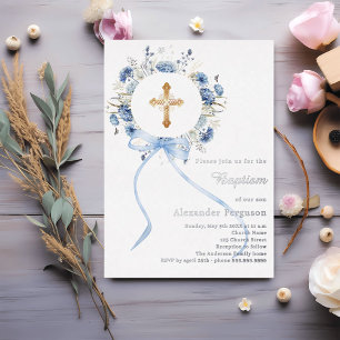 Blue floral wreath cross bow boy baptism silver